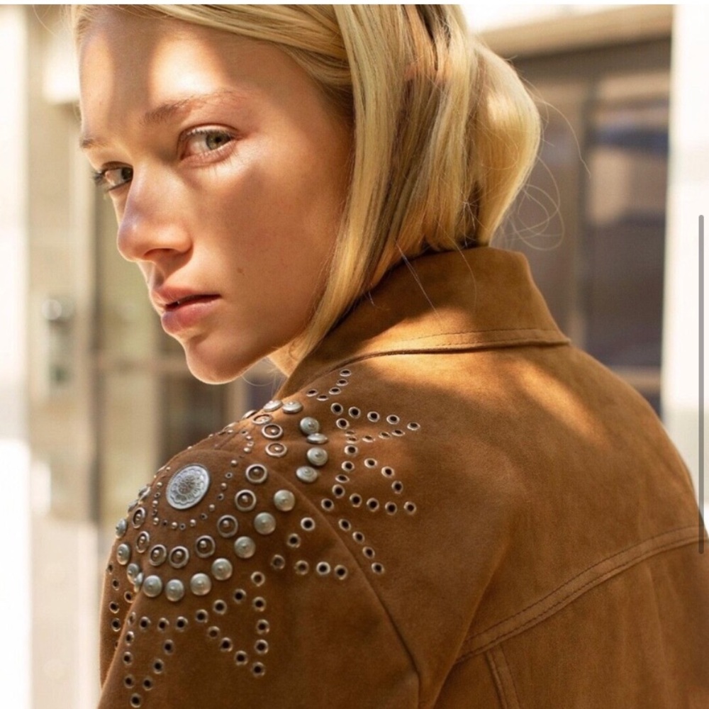 Free People Brown Suede Studded Trucker Jacket - Picture 2 of 6